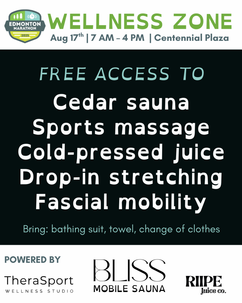 Bliss Wellness Zone flyer graphic Flyer for the Bliss Wellness Zone with free sauna, massage, cold-pressed juice, and stretching at Edmonton Marathon